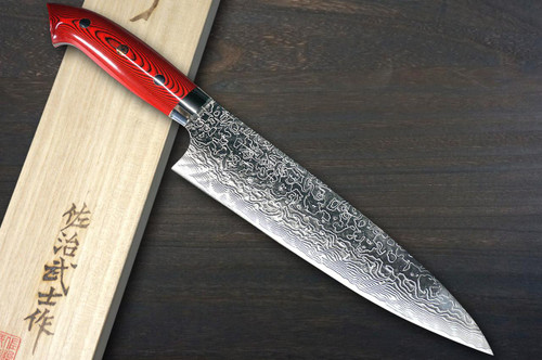 Takeshi Saji R2 Diamond Finish Damascus MCRB-NNM Japanese Chef's Gyuto Knife 240mm with Dark-Red Micarta Handle Nomura Special 