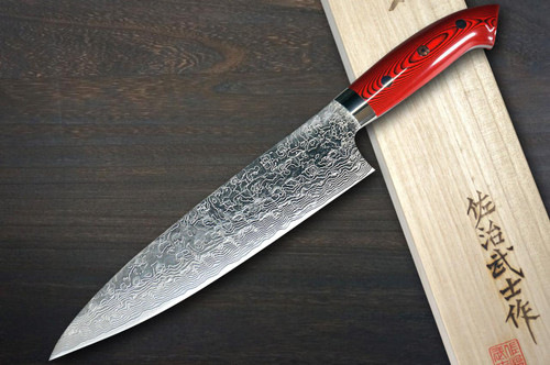 Takeshi Saji R2 Diamond Finish Damascus MCRB-NNM Japanese Chef's Gyuto Knife 210mm with Dark-Red Micarta Handle Nomura Special 
