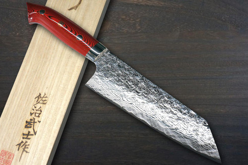 Takeshi Saji R2 Diamond Finish Damascus MCRB-NNM Japanese Chef's Bunka Knife 180mm with Dark-Red Micarta Handle Nomura Special 