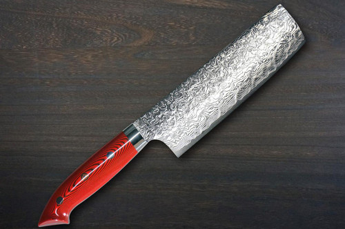 Takeshi Saji R2 Diamond Finish Damascus MCRB-NNM Japanese Chef's Nakiri(Vegetable) 170mm with Dark-Red Micarta Handle Nomura Special 