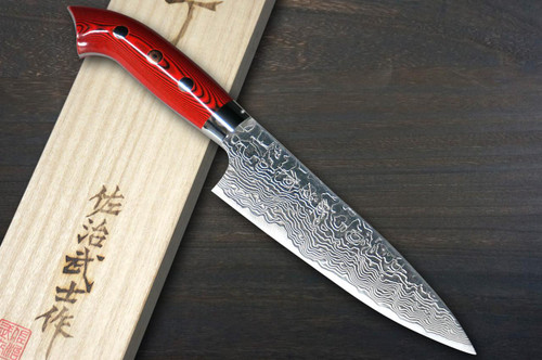 Takeshi Saji R2 Diamond Finish Damascus MCRB-NNM Japanese Chef's Petty Knife(Utility) 130mm with Dark-Red Micarta Handle Nomura Special 