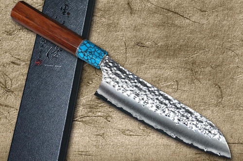 Yu Kurosaki R2(SG2) Hammered SENKO-EI WA RSTCA Japanese Chef's Santoku Knife 170mm with Blue Turquoise & Rosewood Handle 