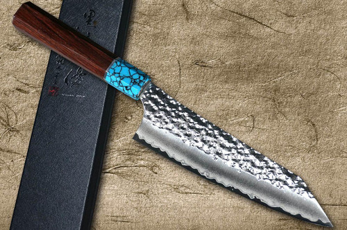 Yu Kurosaki R2(SG2) Hammered SENKO-EI WA RSTCA Japanese Chef's Bunka Knife 165mm with Blue Turquoise & Rosewood Handle 