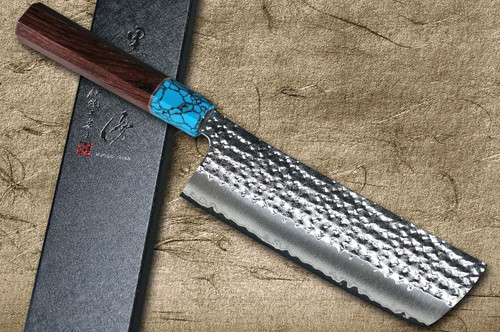 Yu Kurosaki R2(SG2) Hammered SENKO-EI WA RSTCA Japanese Chef's Nakiri(Vegetable) 165mm with Blue Turquoise & Rosewood Handle 