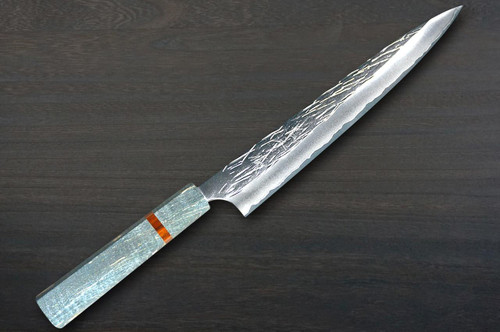 Yu Kurosaki R2(SG2) Hammered JUHYO WA STWG-AM Japanese Chef's Slicer(Sujihiki) 240mm with Stabilized Hybrid Wood Handle [Light Gray - Amber Ring] 