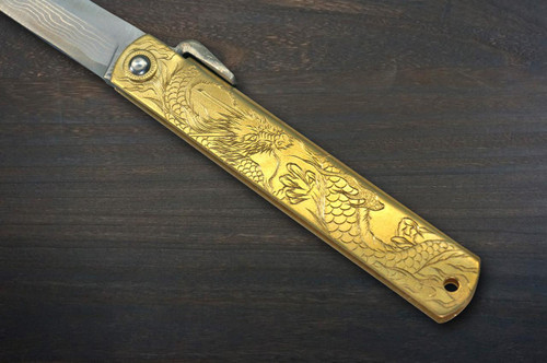 HIGONOKAMI Nagao Kanekoma Aogami Damascus Engraving Folding Kiritsuke-Petty Knife(Utility) 90mm with Golden Brass Handle [Holy Beasts - SEIRYU] 