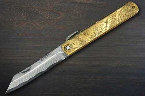 HIGONOKAMI Nagao Kanekoma Aogami Damascus Engraving Folding Kiritsuke-Petty Knife(Utility) 90mm with Golden Brass Handle [Holy Beasts - HOUOU] 