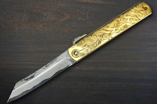 HIGONOKAMI Nagao Kanekoma Aogami Damascus Engraving Folding Kiritsuke-Petty Knife(Utility) 90mm with Golden Brass Handle [Holy Beasts - SUZAKU] 