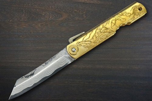 HIGONOKAMI Nagao Kanekoma Aogami Damascus Engraving Folding Kiritsuke-Petty Knife(Utility) 72mm with Golden Brass Handle [Holy Beasts - KIRIN] 