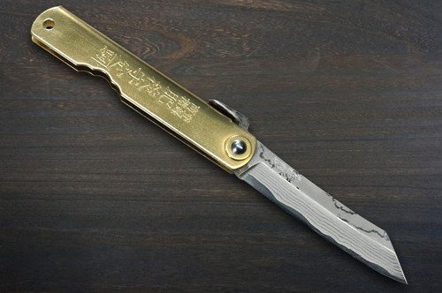 HIGONOKAMI Nagao Kanekoma Aogami Damascus Engraving Folding Kiritsuke-Petty Knife(Utility) 72mm with Golden Brass Handle [Holy Beasts - BYAKKO] 