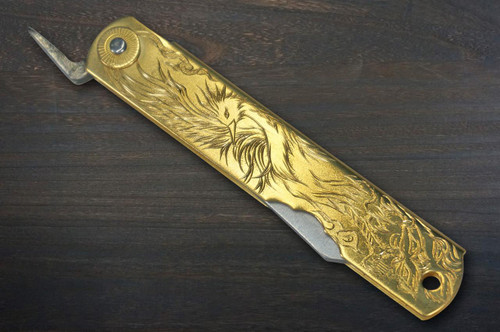 HIGONOKAMI Nagao Kanekoma Aogami Damascus Engraving Folding Kiritsuke-Petty Knife(Utility) 72mm with Golden Brass Handle [Holy Beasts - SUZAKU] 