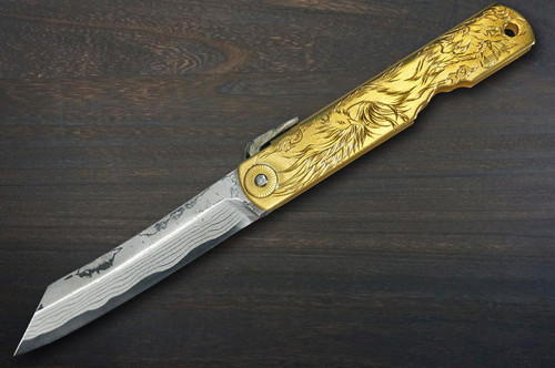HIGONOKAMI Nagao Kanekoma Aogami Damascus Engraving Folding Kiritsuke-Petty Knife(Utility) 72mm with Golden Brass Handle [Holy Beasts - SUZAKU] 