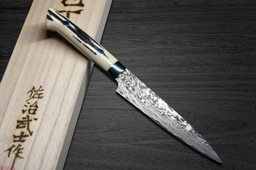 Takeshi Saji R2(SG2) Black Damascus DHW Japanese Chef's Petty Knife(Utility) 150mm with White Antler Handle 