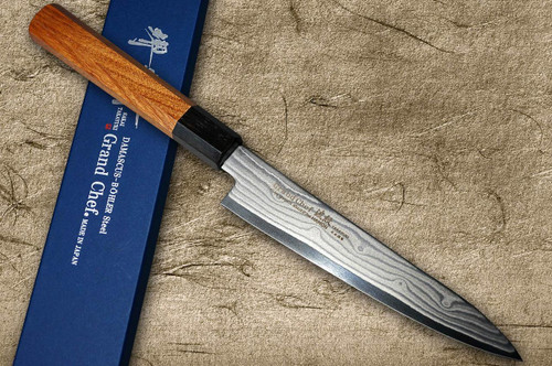 Sakai Takayuki HAMON Grand Chef Damascus Japanese Chef's Petty Knife(Utility) 150mm with Ebony Ring Rosewood Handle [45 Layered Damascus] 
