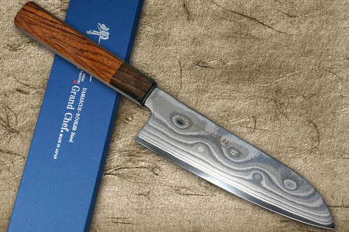 Sakai Takayuki HAMON Grand Chef Damascus Japanese Chef's Santoku Knife 170mm with Ebony Ring Rosewood Handle [45 Layered Damascus] 