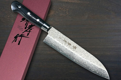 Sakai Takayuki 17-Layer VG10 Damascus Hammered BLK Japanese Chef's Santoku Knife 180mm with Black Laminated Wood Handle 