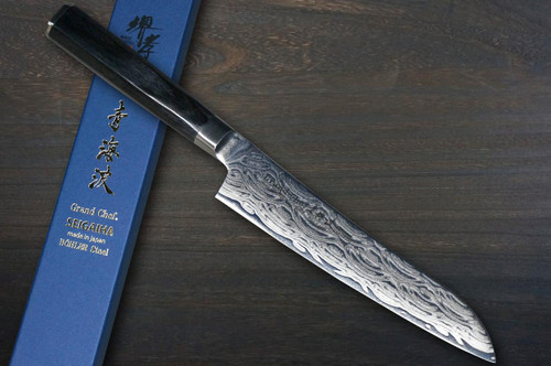 Sakai Takayuki SEIGAIHA Grand Chef Damascus Japanese Chef's Petty Knife(Utility) 150mm with Double-Metal Black Wood Handle [45 Layered Damascus & Wave] 