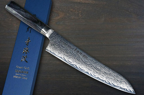 Sakai Takayuki SEIGAIHA Grand Chef Damascus Japanese Chef's Gyuto Knife 240mm with Double-Metal Black Wood Handle [45 Layered Damascus & Wave] 