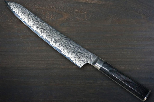 Sakai Takayuki SEIGAIHA Grand Chef Damascus Japanese Chef's Slicer(Sujihiki) 240mm with Double-Metal Black Wood Handle [45 Layered Damascus & Wave] 