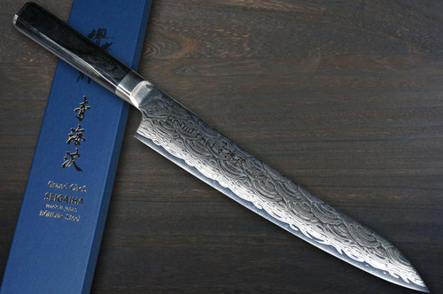 Sakai Takayuki SEIGAIHA Grand Chef Damascus Japanese Chef's Slicer(Sujihiki) 240mm with Double-Metal Black Wood Handle [45 Layered Damascus & Wave] 