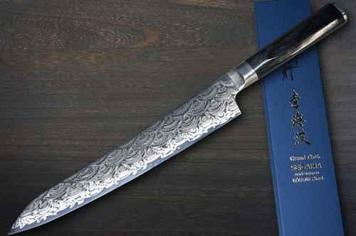 Sakai Takayuki SEIGAIHA Grand Chef Damascus Japanese Chef's Slicer(Sujihiki) 240mm with Double-Metal Black Wood Handle [45 Layered Damascus & Wave] 