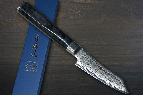 Sakai Takayuki SEIGAIHA Grand Chef Damascus Japanese Chef's Kengata-Paring Knife 80mm with Double-Metal Black Wood Handle [45 Layered Damascus & Wave] 