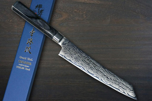 Sakai Takayuki SEIGAIHA Grand Chef Damascus Japanese Chef's Kengata-Petty Knife(Utility) 150mm with Double-Metal Black Wood Handle [45 Layered Damascus & Wave] 