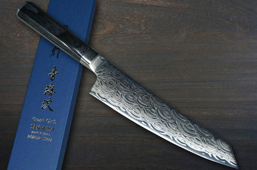 Sakai Takayuki SEIGAIHA Grand Chef Damascus Japanese Chef's Kengata-Gyuto Knife 190mm with Double-Metal Black Wood Handle [45 Layered Damascus & Wave] 
