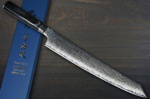 Sakai Takayuki SEIGAIHA Grand Chef Damascus Japanese Chef's Kengata-Slicer(Sujihiki) 250mm with Double-Metal Black Wood Handle [45 Layered Damascus & Wave] 