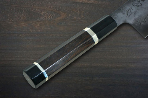 Kisuke Manaka KOKUENN Blue#1 Black Finished EBBFB2 Japanese Chef's Bunka Knife 165mm with Double Buffalo Ringed Ebony Handle 