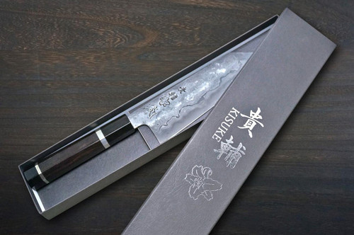 Kisuke Manaka KOKUENN Blue#1 Black Finished EBBFB2 Japanese Chef's Bunka Knife 165mm with Double Buffalo Ringed Ebony Handle 