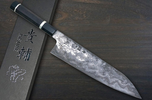 Kisuke Manaka KOKUENN Blue#1 Black Finished EBBFB2 Japanese Chef's Gyuto Knife 240mm with Double Buffalo Ringed Ebony Handle 