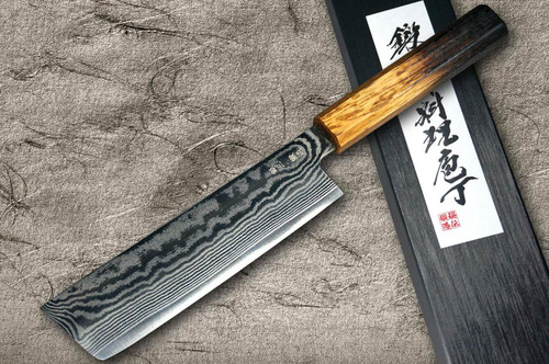 Okeya 银三大马士革OK8B 日式厨师刀中式菜刀（蔬菜刀）165mm 漆木手柄