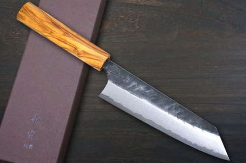 Yoshimi Kato Aogami Super Kurouchi V-Hammered Japanese Chef's Bunka Knife 170mm with Olive Handle [Natural Finish V-shaped] 