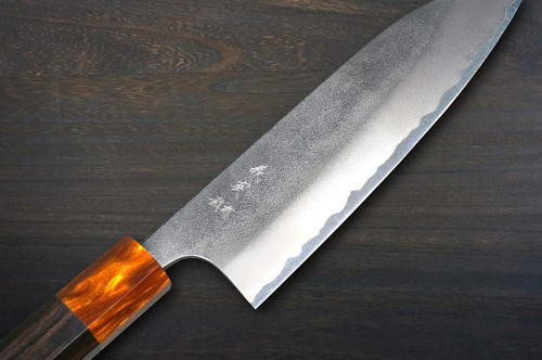 Yoshimi Kato Aogami Super Clad Nashiji Japanese Chef's Santoku Knife 170mm with Ebony Handle [Orange Resin Ferrule] 