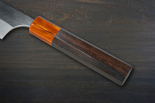 Yoshimi Kato Aogami Super Clad Nashiji Japanese Chef's Santoku Knife 170mm with Ebony Handle [Orange Resin Ferrule] 