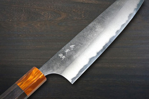 Yoshimi Kato Aogami Super Clad Nashiji Japanese Chef's Bunka Knife 170mm with Ebony Handle [Orange Resin Ferrule] 