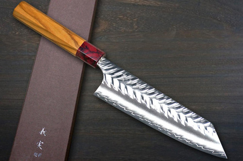 Yoshimi Kato SPG-STRIX V-Hammered Japanese Chef's Bunka Knife 170mm with Olive Handle [Red Turquoise Ring] 