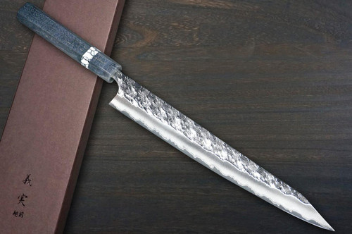 Yoshimi Kato R2 HYO Hammered STWA Japanese Chef's Kengata-Slicer(Sujihiki) 270mm with Stabilized Hybrid Wood Handle [Light Black - White Turquoise Ring] 