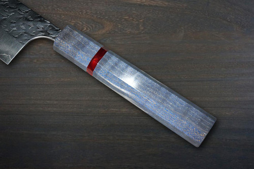 Yoshimi Kato R2 HYO Hammered STWA Japanese Chef's Kengata-Gyuto Knife 240mm with Stabilized Hybrid Wood Handle [Real Blue - Red Ring] 