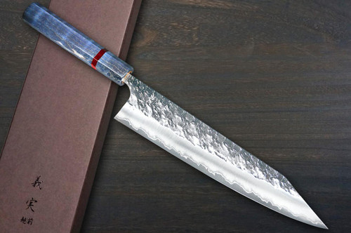 Yoshimi Kato R2 HYO Hammered STWA Japanese Chef's Kengata-Gyuto Knife 240mm with Stabilized Hybrid Wood Handle [Real Blue - Red Ring] 