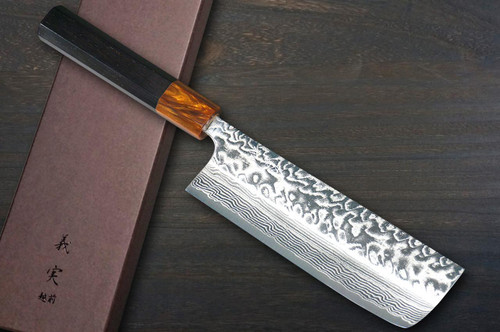 Yoshimi Kato R2 Mirrored Damascus Japanese Chef's Nakiri(Vegetable) 165mm with Ebony Handle [Orange Resin Ferrule] 