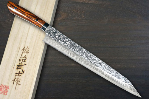Takeshi Saji SRS13 Mirror Hammered Damascus IRN Japanese Chef's Kengata-Slicer(Sujihiki) 270mm with Desert Ironwood Handle 
