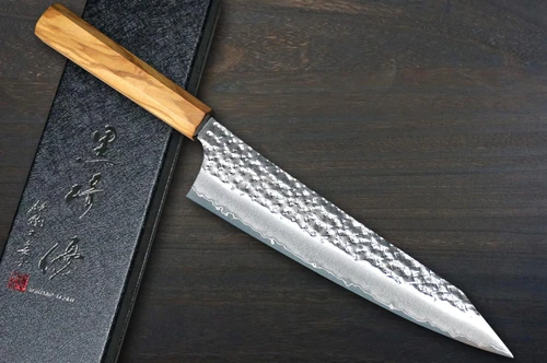 Yu Kurosaki R2(SG2) Hammered SENKO-EI WA OL8N Japanese Chef's Gyuto Knife 180mm with Olive Handle [Natural Finish] 