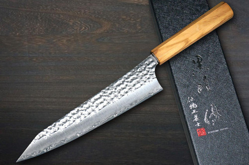 Yu Kurosaki R2(SG2) Hammered SENKO-EI WA OL8N Japanese Chef's Gyuto Knife 180mm with Olive Handle [Natural Finish] 