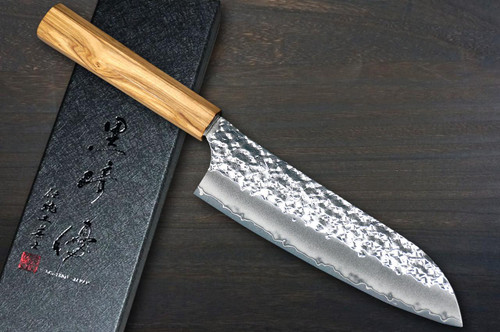 Yu Kurosaki R2(SG2) Hammered SENKO-EI WA OL8N Japanese Chef's Santoku Knife 170mm with Olive Handle [Natural Finish] 