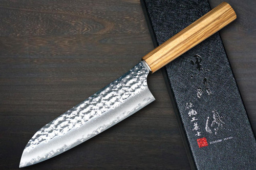 Yu Kurosaki R2(SG2) Hammered SENKO-EI WA OL8N Japanese Chef's Santoku Knife 170mm with Olive Handle [Natural Finish] 