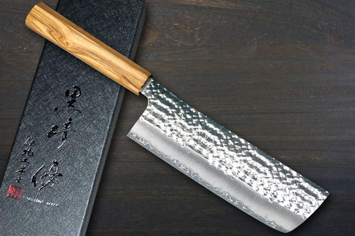 Yu Kurosaki R2(SG2) Hammered SENKO-EI WA OL8N Japanese Chef's Nakiri(Vegetable) 165mm with Olive Handle [Natural Finish] 
