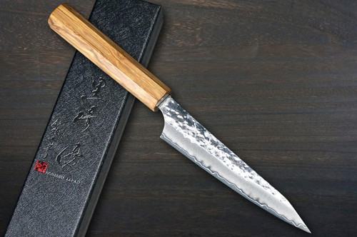 Yu Kurosaki R2(SG2) Hammered SENKO-EI WA OL8N Japanese Chef's Petty Knife(Utility) 130mm with Olive Handle [Natural Finish] 