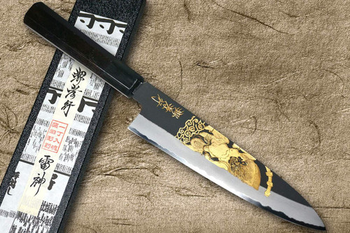 Sakai Takayuki White Steel Kurouchi Gold-Engraving Art Japanese Chef's Gyuto Knife 240mm with Ebony Handle [Raijin (Thunder God)] 